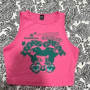 SHEIN Pink and Green Graphic Crop Top